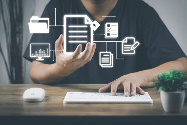 istock Document Management System(dms) concept. Male hands operating a computer. to manage online that is easy, convenient, fast and enhances the efficiency of digital transformation for the organization 1430996810