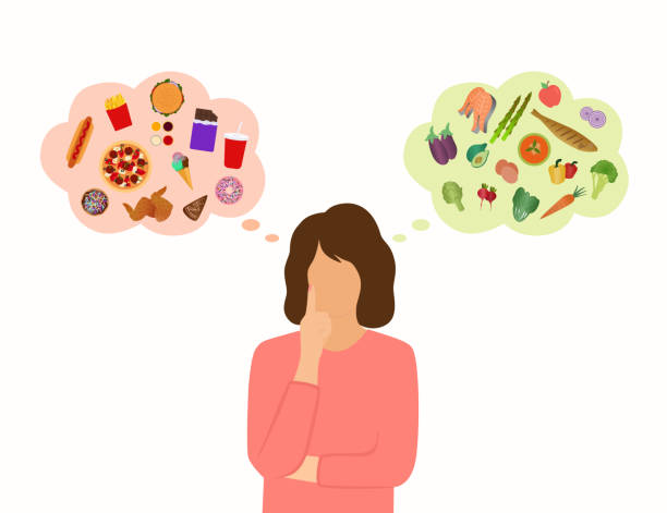 ilustrações de stock, clip art, desenhos animados e ícones de young woman choosing between healthy or unhealthy food - white background cut out food choice