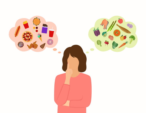 молодая женщина выбирает между здоровой или нездоровой пищей - eating female healthcare and medicine healthy lifestyle stock illustrations