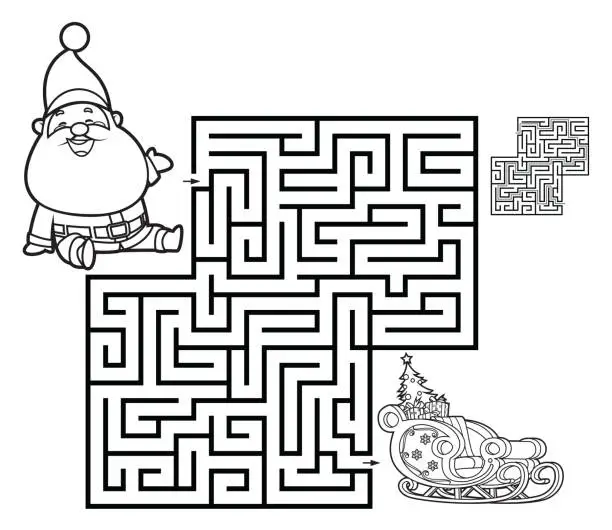 Vector illustration of Black And White, Maze game for children. Cute Santa Claus and Sledge