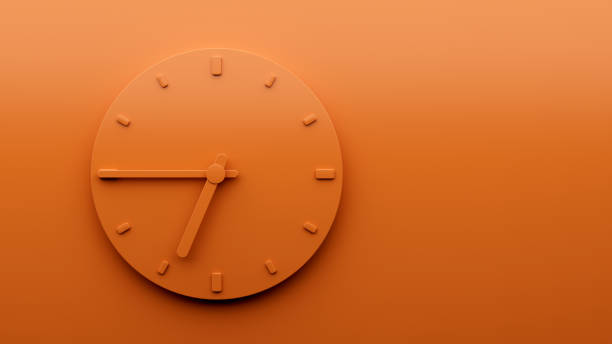 istock Minimal Orange clock 6:45 o clock quarter to Seven abstract Minimalist wall clock 3d Illustration 1431002357