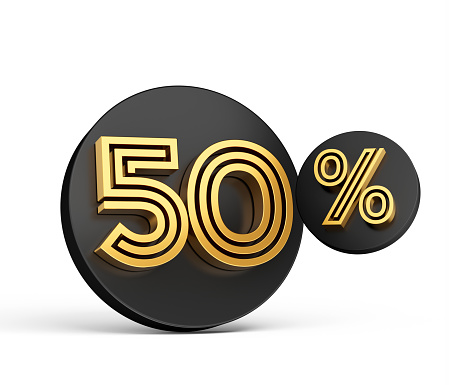 Royal Gold Modern Font. Elite 3D Digit Letter 50% Fifty percent on Black 3d button icon 3d Illustration