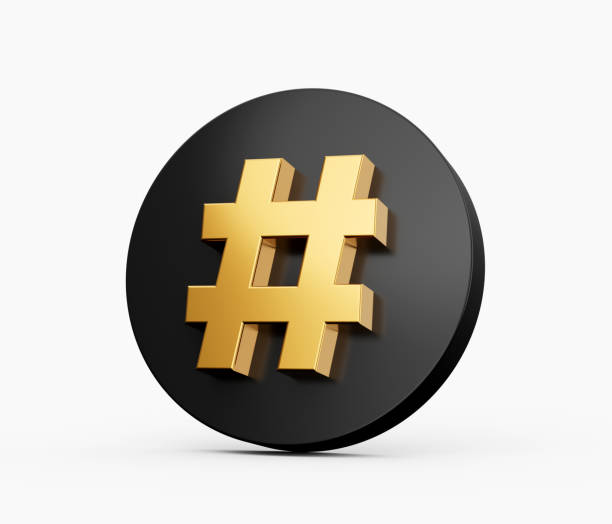 istock Gold Hashtag Sign with black circle on White Background, 3D illustration 1431002520