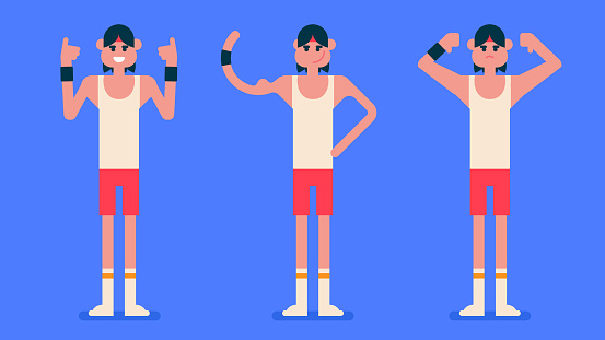 Athlete player showing his weak small muscles, sport man with thin body wear red underwear doing like sign and dislike sign, Flat avatar vector illustration.