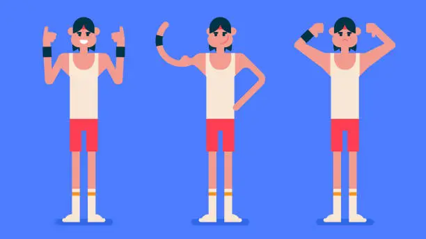 Vector illustration of Athlete player showing his weak small muscles, sport man with thin body wear red underwear doing like sign and dislike sign, Flat avatar vector illustration.