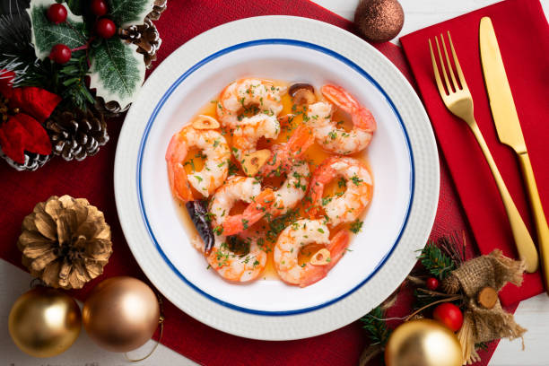 istock Garlic prawn tapas on a table with Christmas decorations. 1431011341