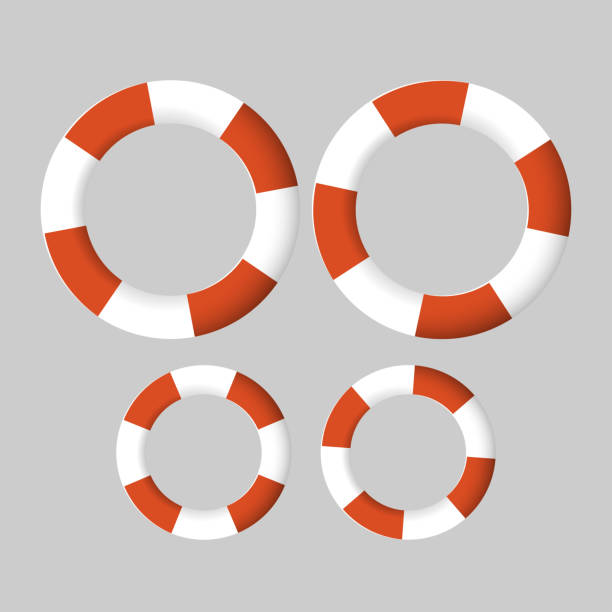 istock Red and white sea lifebuoy ring set on a grey gray background. Support and rescue help. Bailout 1431013592