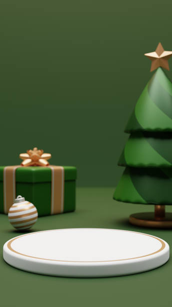 istock Christmas scene with pine tree, gift box, ornament and podium. 1431014038