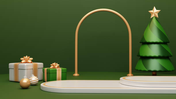 istock Christmas scene with pine tree, gift box, ornament and podium. 1431014059