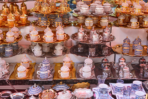 Tea cups services in grand bazaar market in Istanbul. Turkey