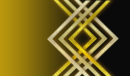 Abstract gold-black geometric background with decorative luminous arrows and space for text.