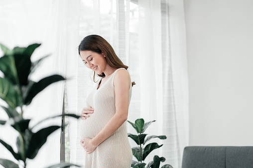Beautiful pregnant asian woman is smiling with her hands rubbing her tummy next to the window of the living room, a pregnant asian mom, the concept of taking care of the fetus.