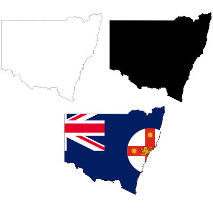 Map of New South Wales with flag. Flag of New South Wales maps territory. Outline map New South Wales. flat style.