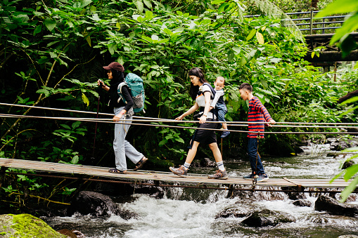 Chinese woman and muslim friend  woman walking together on the suspension bridge