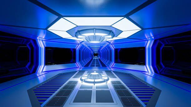 istock Spaceship with white and blue background. Space technology and object concept. 3D illustration rendering. 1431026445