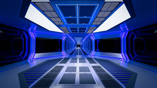istock Spaceship with white and blue background. Space technology and object concept. 3D illustration rendering. 1431026464