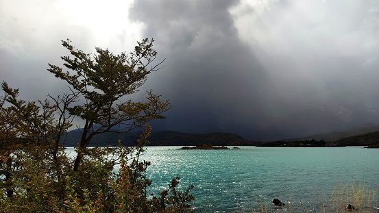 Dark clouds on the sky during the day at Torres del Paine National Park,  Patagonia, Chile.