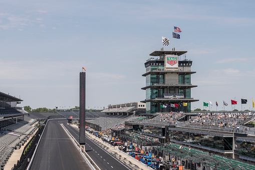 Indianapolis - Circa May 2022: Indy 500 practice sessions at Indianapolis Motor Speedway, including the IMS Pagoda. IMS is The Racing Capital of the World.