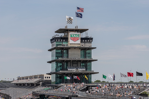 Indianapolis - Circa May 2022: Indy 500 practice sessions at Indianapolis Motor Speedway, including the IMS Pagoda. IMS is The Racing Capital of the World.