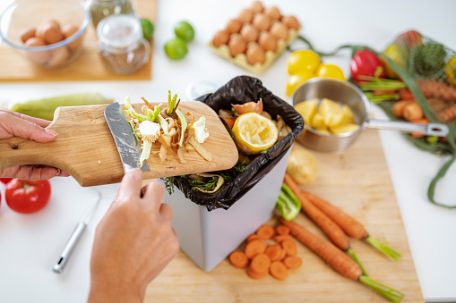 Close up view of unrecognizable woman recycling food peels for compost in an organic garbage bin. High resolution 42Mp indoors digital capture taken with SONY A7rII and Zeiss Batis 40mm F2.0 CF lens