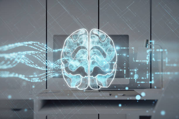istock Creative glowing brain hologram on blurry office workplace with computer backdrop. Neurology research, artificial intelligence concept. Double exposure. 1431039413