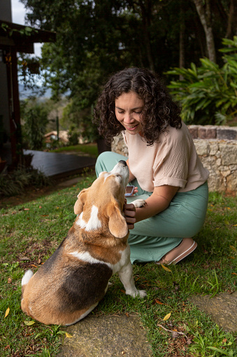 Latin woman photographing a beagle dog with cell phone