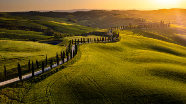 casa de campo italiana en una colina al amanecer, toscana italia - val dorcia fotografías e imágenes de stock