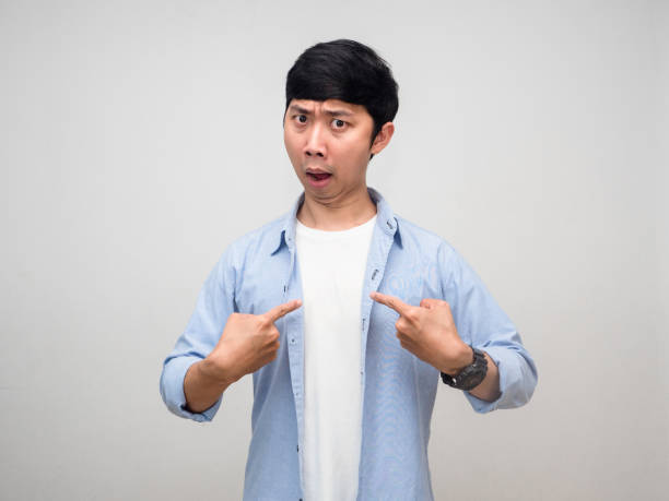istock Employee male gesture point finger at himself isolated 1431043384
