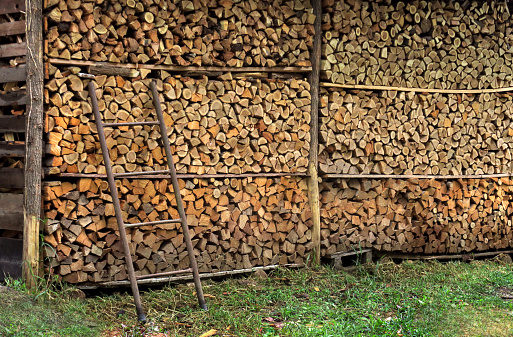 a large woodpile comprised of stacks of firewood with a wooden ladder leaning against them, on an apple orchard farm in Valsugana, Italy, in the hills of Veneto.