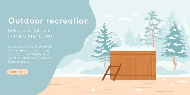 Vector illustration of Outdoor recreation in hot tub. Spa in winter forest.