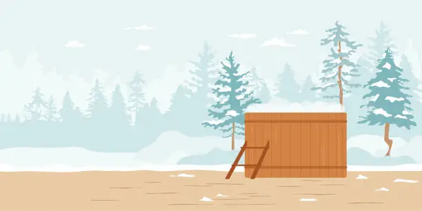 Vector illustration of Outdoor recreation in wooden barrel on terrace with snowy landscape, fir, pine trees.