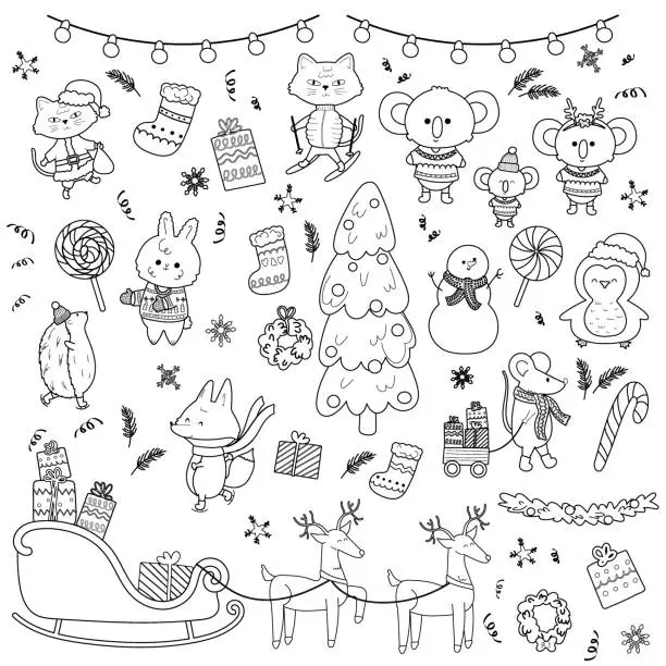 Vector illustration of Set of cute hand drawn doodle Christmas animals Bcat,deer,koala,penguin,fox.