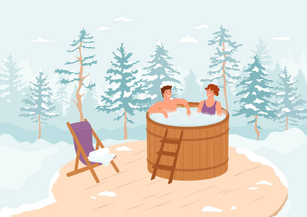 para w wannie z hydromasażem w zimowym lesie. beczka na tarasie, leżak z ręcznikiem, luksusowy ośrodek, spa na łonie natury. - couple hot tub spa treatment health spa stock illustrations