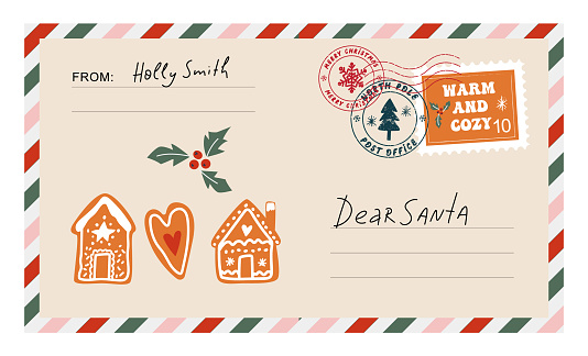 Christmas envelope with stamps, seals, gingerbread houses and inscriptions to Santa Claus. Cute Mail Santa Claus. Letter to Santa Claus. Nice list