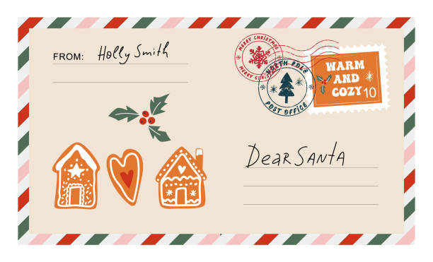 Christmas envelope with stamps, seals, gingerbread houses and inscriptions to Santa Claus. Christmas envelope with stamps, seals, gingerbread houses and inscriptions to Santa Claus. Cute Mail Santa Claus. Letter to Santa Claus. Nice list santa letter stock illustrations