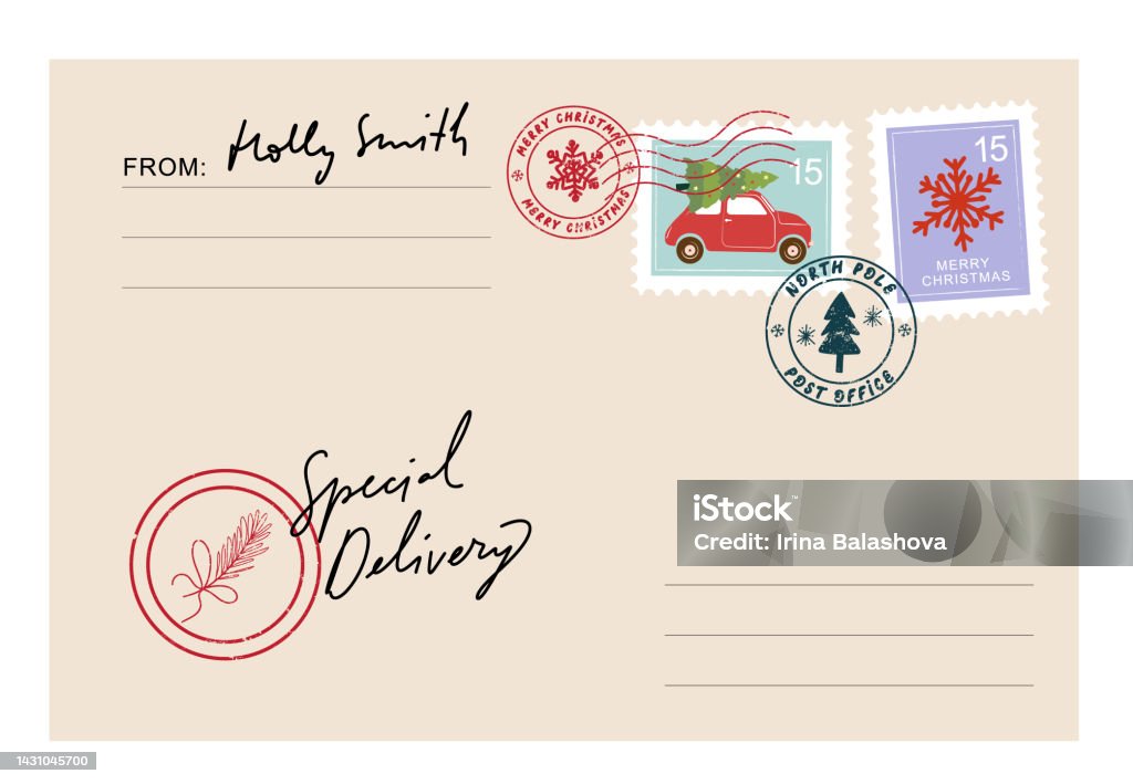 Christmas Envelope With Cute Stamps Stock Illustration - Download Image Now  - Advice, Alphabet, Blank - iStock