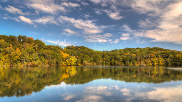 Autumn panorama of Little Falls Lake at Willow River State Park