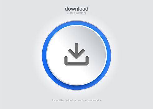 3D download icon button. Upload icon. Download symbol, sign. Down arrow bottom side symbol. Save cloud icon push button for ui ux website mobile app