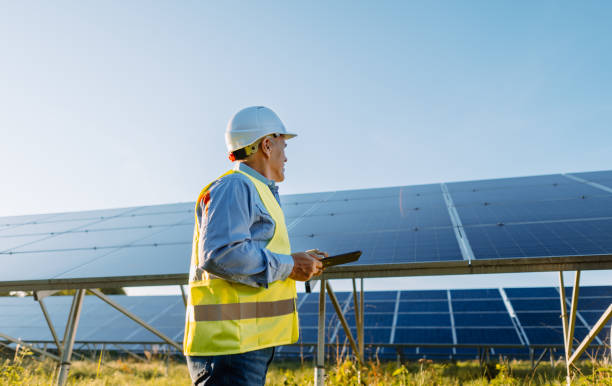 istock Worker checking solar panels with tablet in solar farm. Eco energy 1431049082