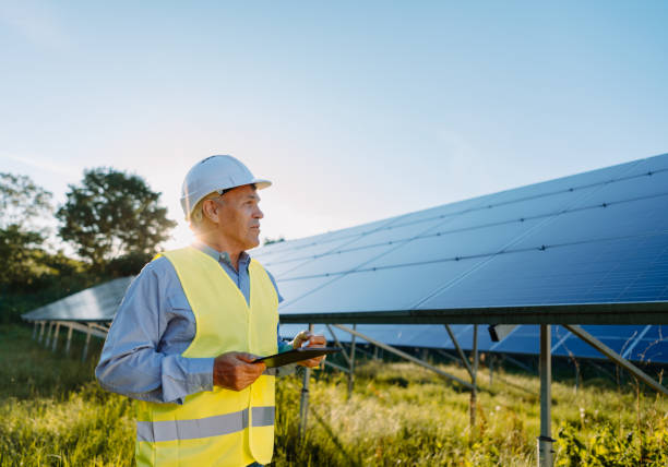 istock Male engineer using tablet to inspect the solar panels. Eco energy concept 1431049144