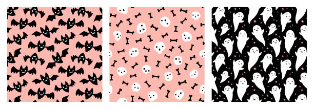 Black and white bats, skulls, bones, ghosts and stars Halloween pattern set on pastel pink and black backgrounds. Pastel pink Halloween seamless pattern set. Black and white cute ghosts, flying bats, skulls, bones, stars scattered on pink background. cute ghost stock illustrations