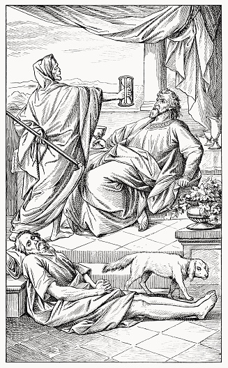 Parable of the Rich Man and Lazarus (Luke 16, 19 - 31). Wood engraving, published in 1894.