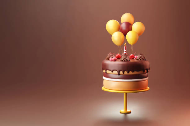 überraschung schokoladen-geburtstagstorte und jubiläum mit einem bunten ballon 3d - birthday first place cake symbol stock-fotos und bilder