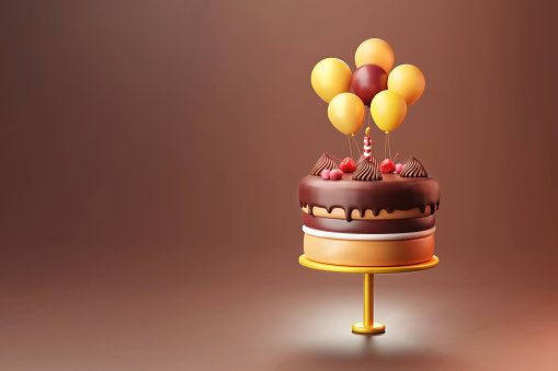 Chocolate birthday cake and anniversary with a colorful balloon 3d illustration on brown background
