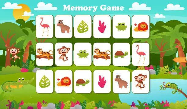 Vector illustration of Memory game for preschool children, vector cards with cartoon tropical jungle animals, activity page for book