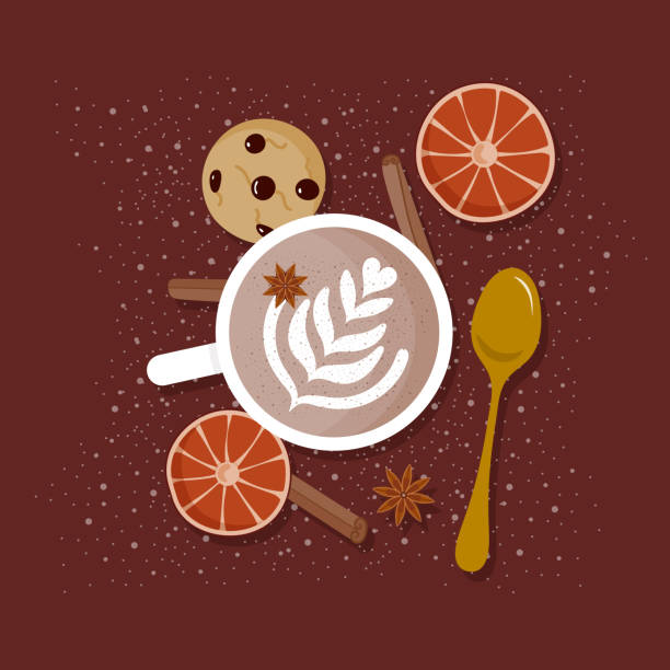 ilustraciones, imágenes clip art, dibujos animados e iconos de stock de bodegón con latte art top view. taza de café con leche con cucharadita, galleta de chocolate, naranjas secas, canela en barra, anís estrellado. ambiente acogedor en otoño. ilustración vectorial, diseño plano - latté cafe macchiato cappuccino cocoa