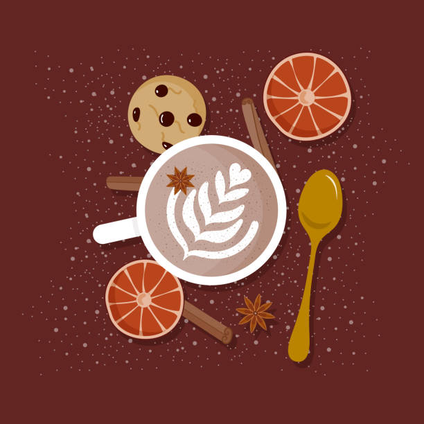 натюрморт с латте-арт видом сверху. чашка кофе с молоком с чайной ложкой, шоколадное печенье, сухие апельсины, палочка корицы, бадьян. уютная - coffee pumpkin latté autumn stock illustrations