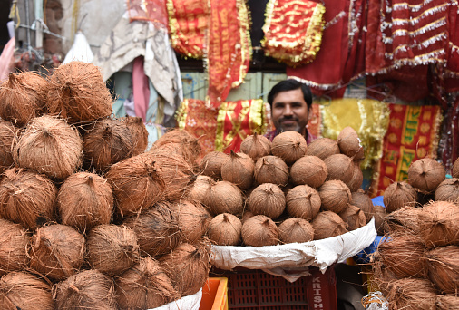 Uttarakhand, Roorkee – September 15, 2022: Coconut seller at the street market