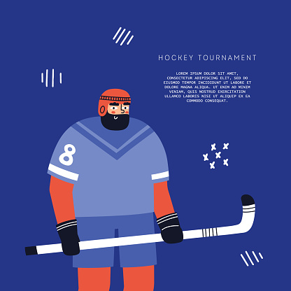 Hockey tournament flyer with a player. Hand drawn vector illustration.