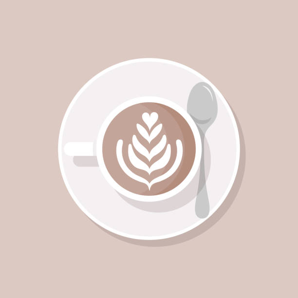 latte art widok z góry. filiżanka kawy z mlekiem na talerzu i łyżeczką. ilustracja wektorowa, płaska konstrukcja - froth art stock illustrations
